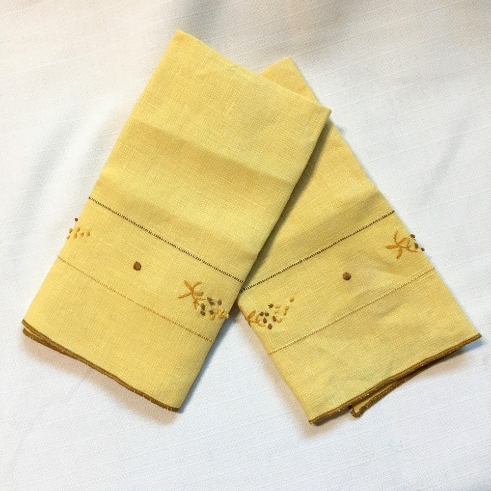 Vintage Floral Embroidered Linen Hand Guest Towels Napkins OS Yellow